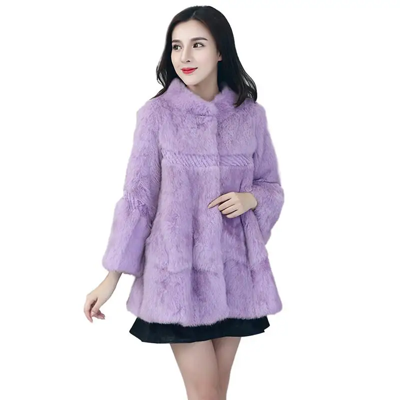 

Women Winter Whole Skin Natural Real Rabbit Fur Overcoats Female Flare Sleeve Outerwear Coats Ladies Warm Genuine Fur Coats V401