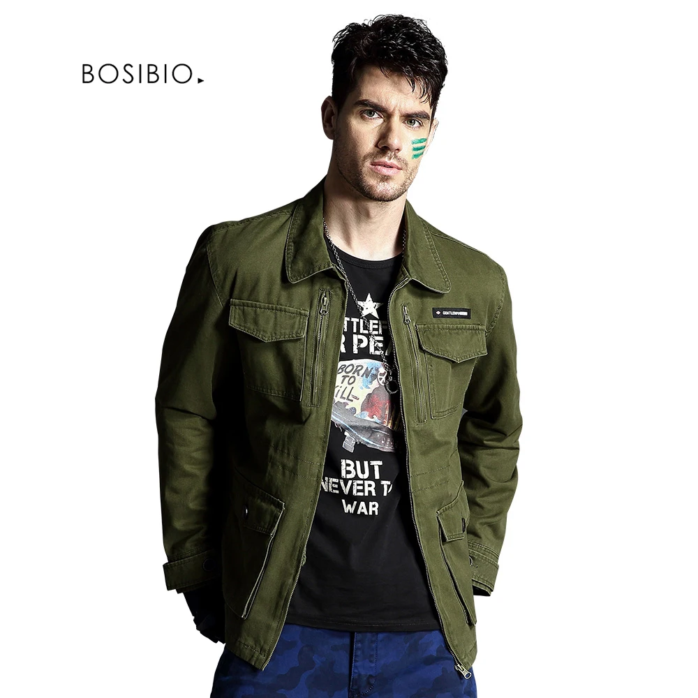 

BOSIBIO 2019 Mens Army Green Military Jacket Spring Autumn Turn Down Collar Cotton Jackets Male Brand Clothing Outerwear 1802