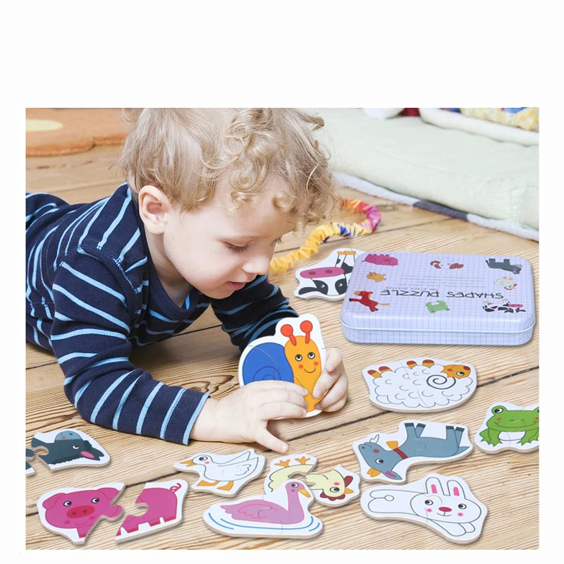 2018 New Arrival Kids Wooden Iron Box Cards Matching Game Cartoon Cognition 6 in 1 Baby Toys Infant Early Training Puzzle