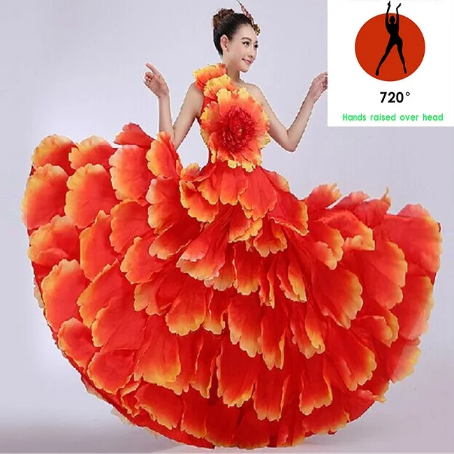 Испанские цветы танцевальный костюм танец фламенко платье лепестковая юбка большие качели представление Платье Женская открывающаяся юбка для сцены DL2884 - Цвет: 720 degree