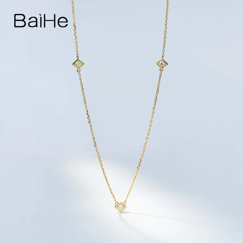 BAIHE Твердое 18 к желтое золото 0.09CT сертифицировано H/SI настоящие натуральные бриллианты круглой огранки для женщин трендовые ювелирные изделия Элегантные ожерелья
