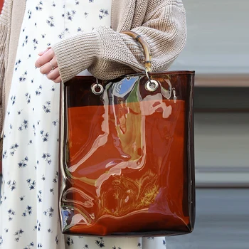 

Women's Handbags Round Bamboo Bag Tote Transparent PVC Lady's Bag Leisure Large Capacity Shopping Travel Bag Bolsa Feminina 2018