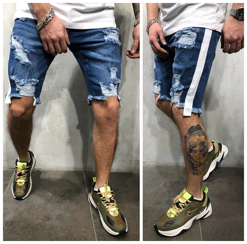 

Fashion Side Stripe Shorts Jeans For Men Ripped Hole Male Short Denim Pants Summer Slim Casual Streetwear Short Blue Jeans 3XL