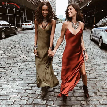 InstaHot Sexy Satin V Neck Maxi Dress Women Spaghetti Strap Sleeveless Backless Side Split Long Dresses 2019 Spring Lady Vestido 1