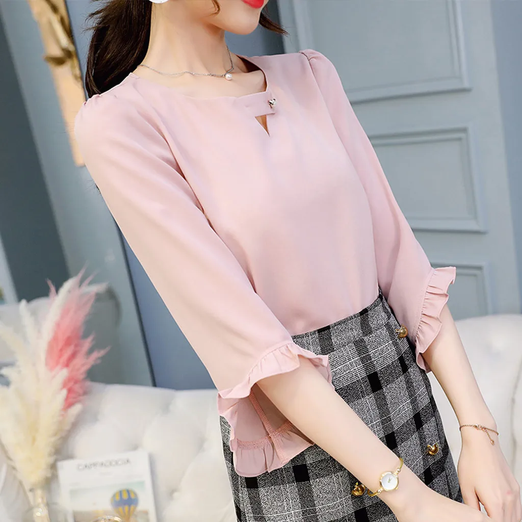 Women Chiffon Shirt2019 Women Summer Work Office V Neck Ruffles Sleeve Solid Chiffon Blouse Shirt Top