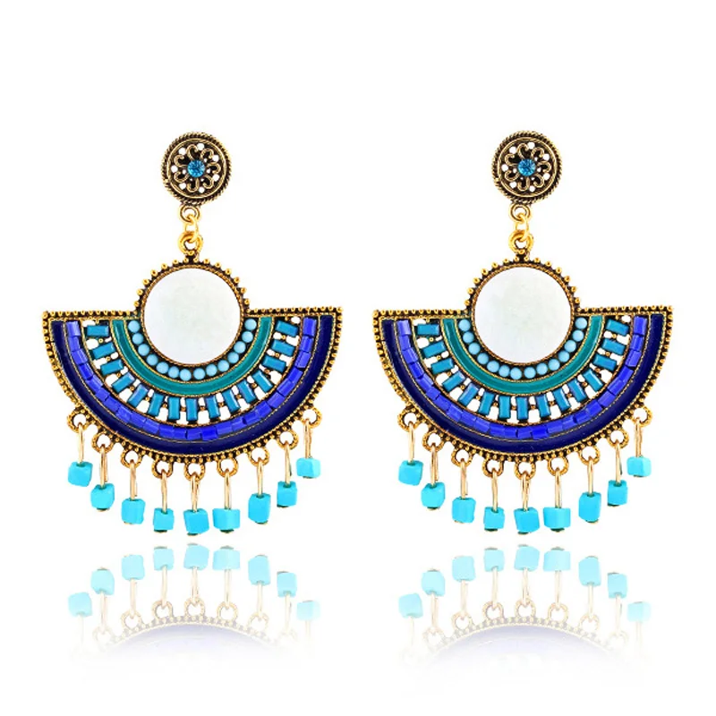 

Hot New Design Multicolor Beads Women Vintage Bohemian Style Hollow Tassels Pendant Earrings