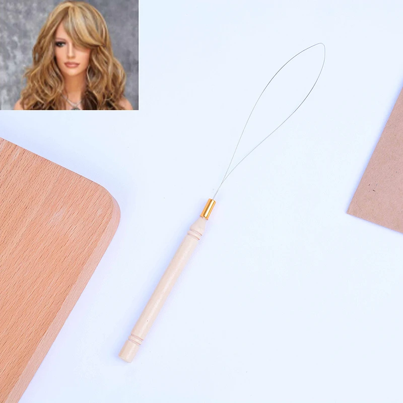 

1PC Wooden Handle Loop Needle Threader Micro Rings Beads Loop Hair Extension Hook Pulling Tool