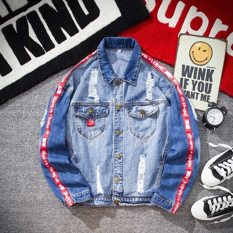 Джинсовая куртка мужская с дырками уличная одежда синяя джинсовая свободная