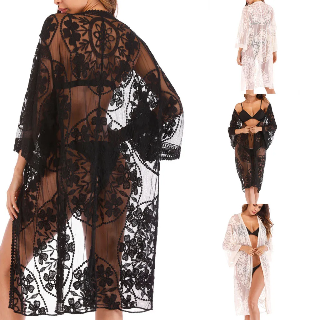 

2019 Summer black Lace Crochet Beach Tunic Women Beachwear Sexy V Neck Long Sleeve Hollow Out Bikini Cover Ups Sunscreen