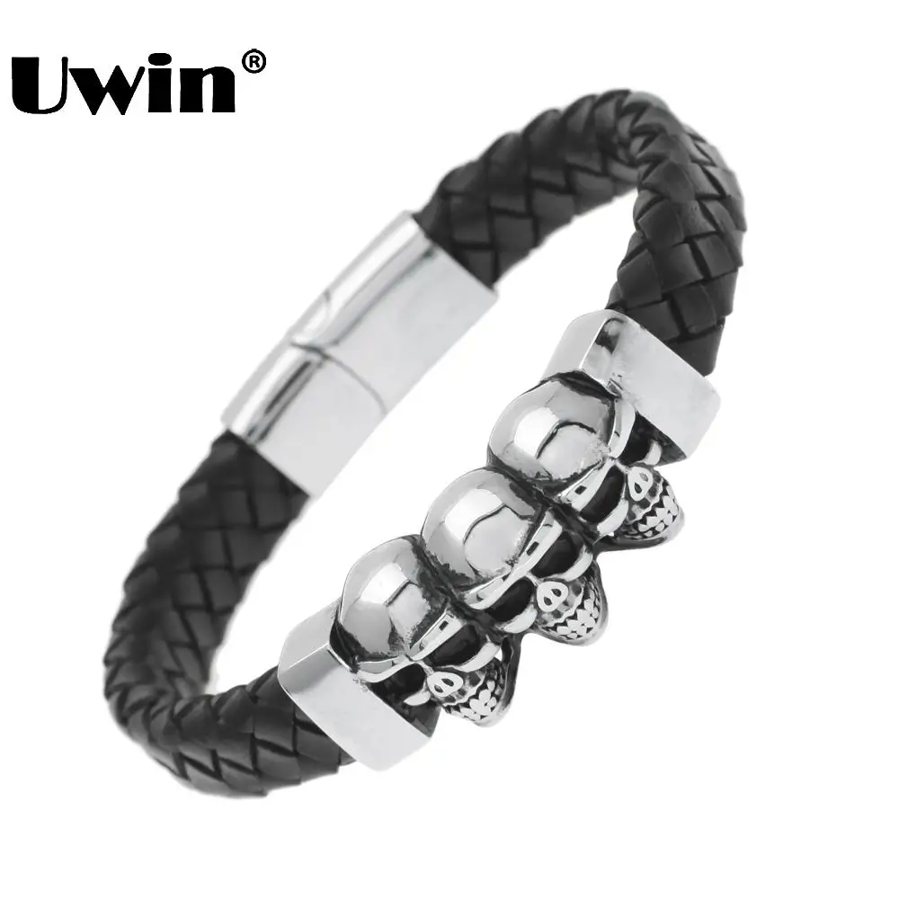 

Uwin Fashion Mens Bracelets 2017 Stainless Steel Skeleton Skull Genuine Leather Braided Bracelet Punk Charm Wristband Jewelry