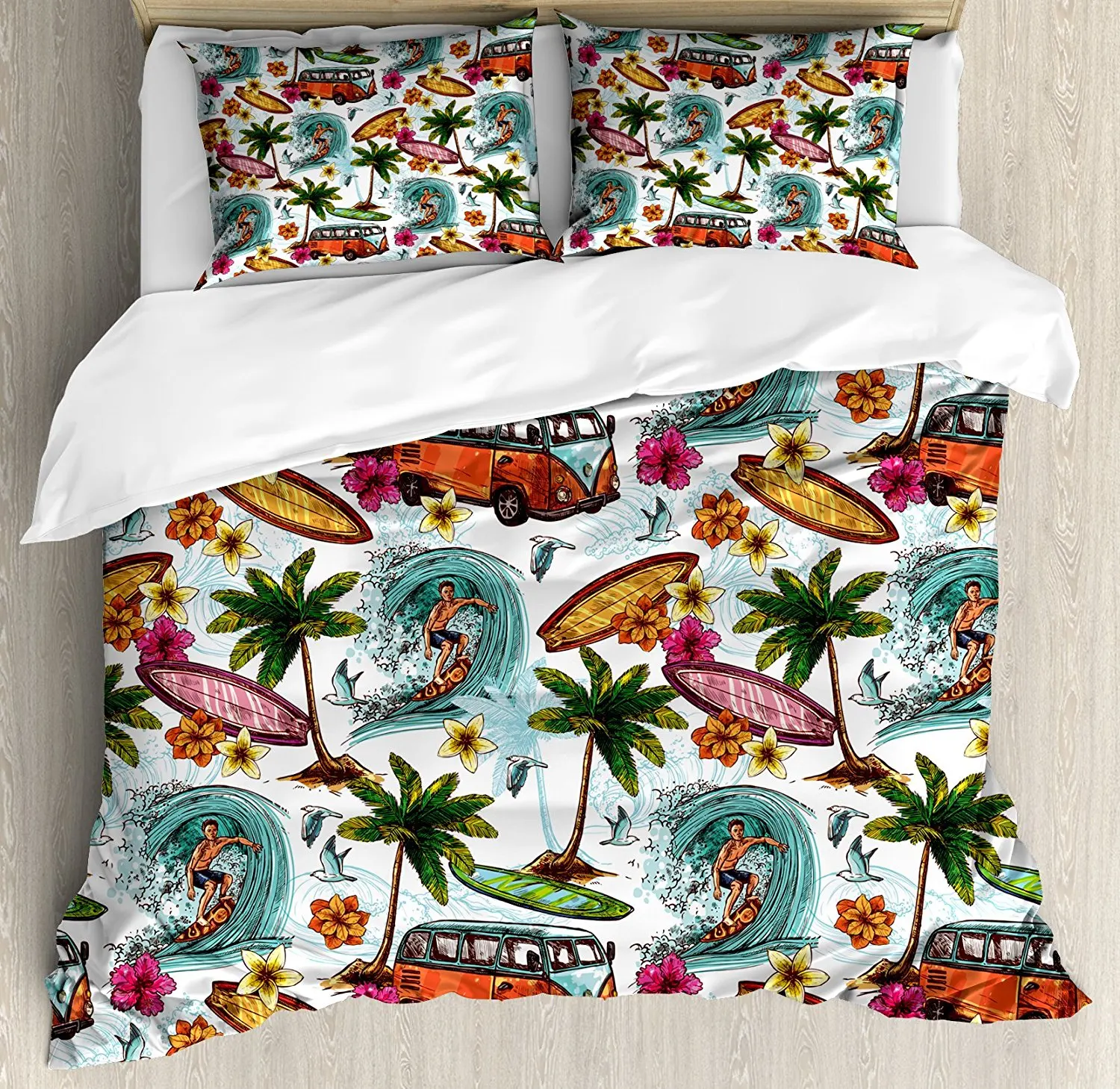 

Ocean Duvet Cover Set Hawaiian Surfer on Wavy Deep Sea Retro Style Palm Trees Flowers Surf Boards Print, 4 Piece Bedding Set