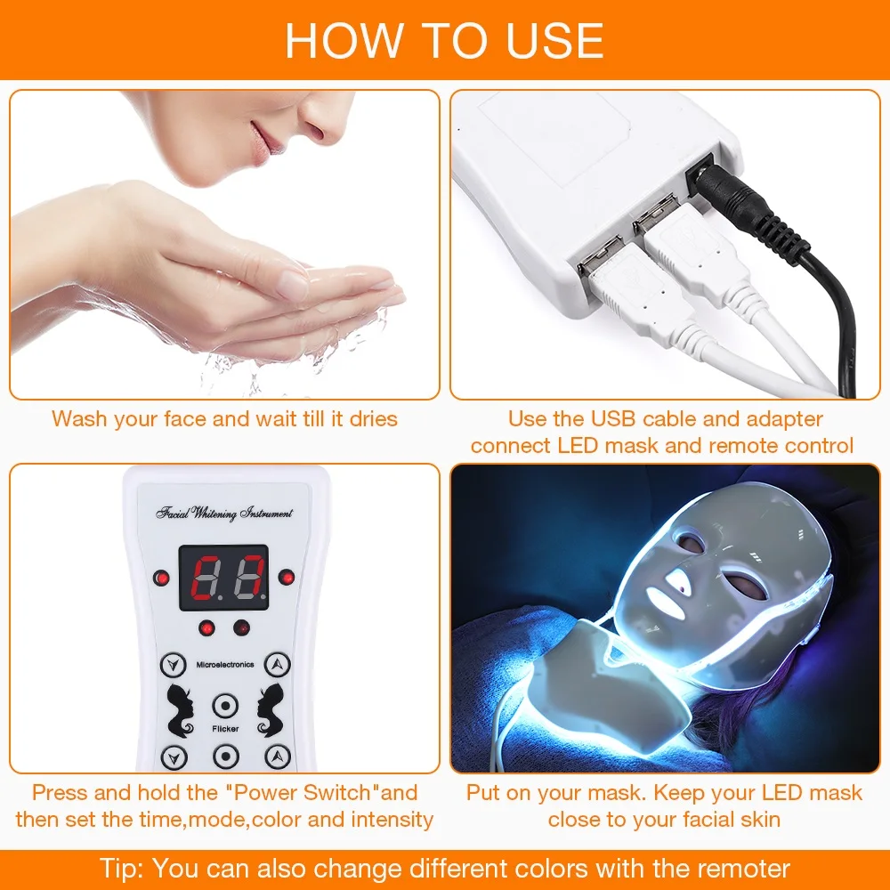  Led Face Mask 7 Color LED Facial Neck Mask with EMS Microelectronics LED Photon Mask Wrinkle Acne R
