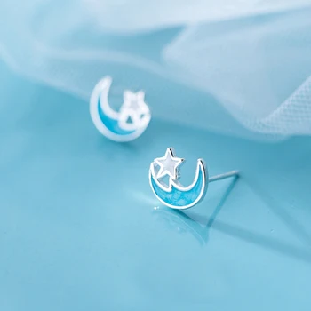 

MloveAcc 100% Pure 925 Sterling Silver Blue Star on the Moon Crescent Bay Stud Earrings Lady Luxury Fashion Jewelry Brincos