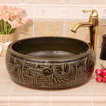 

China Artistic Handmade Ceramic wash basin Lavobo Round Counter top painted porcelain wash basin
