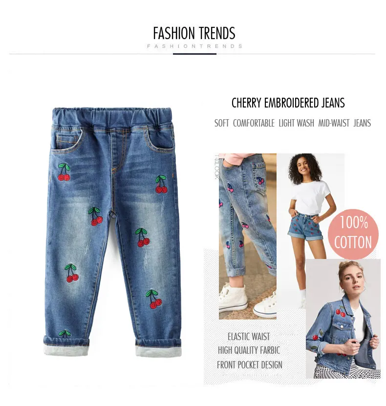 2018 Baby Kids Cotton Lined Warm Winter Jeans For Girls Cherry Embroidered Denim Long Pants Toddler Children Trousers Leggings