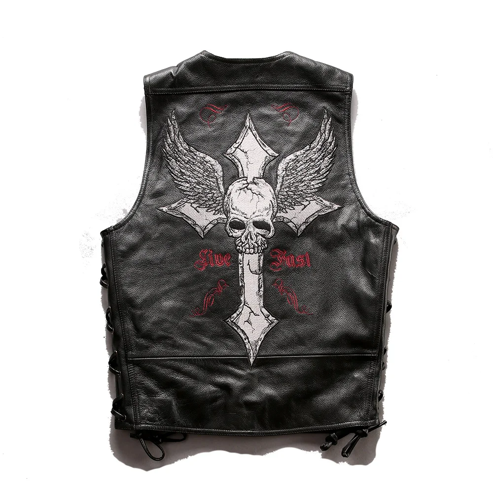 

Read Description! Asian size super Motor rider vest Mens high quality cow leather vest genuine cowhide leather vest 18-skull