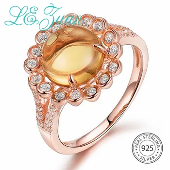 

L&zuan High-class Natural Yellow Citrine Ring for Woman in 925 Sterling Silver White Zircons Paved Rose Gold Ring Fine Jewelry