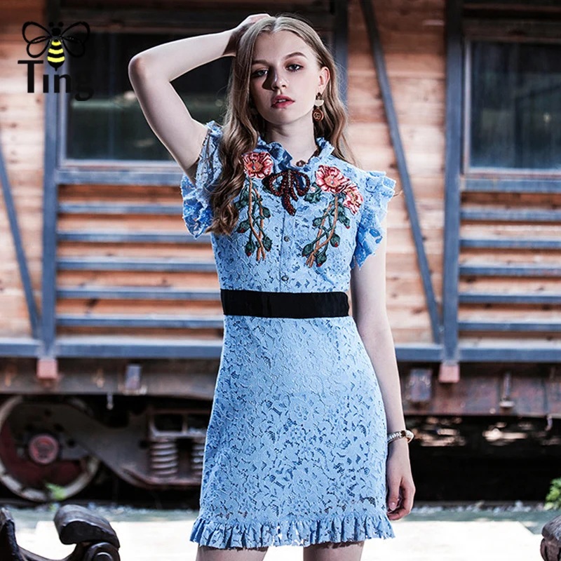 

Tingfly Embroidered Short Dress Runway Designer Blue Lace Dress With Crystal Bow Summer Elegant Luxury Ruffles Mini Party Dresse