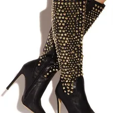 Г. Новые модные женские сапоги до колена с острым носком на высоком каблуке-шпильке высокие кожаные сапоги с золотыми заклепками модельные туфли