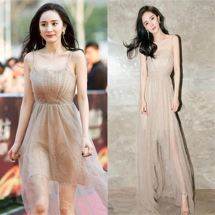 

Yang Mi Is The Same Nail Bead Temperament Fairy Dress Summer Chest Irregular Hanging Belt Net Beach Resort Dress Women 2019