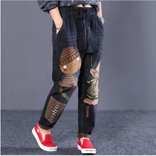 Женские джинсы джинсовые брюки милые повседневные модные длинные большие свободные с вышивкой с героями мультфильмов Лоскутные AZ45222517