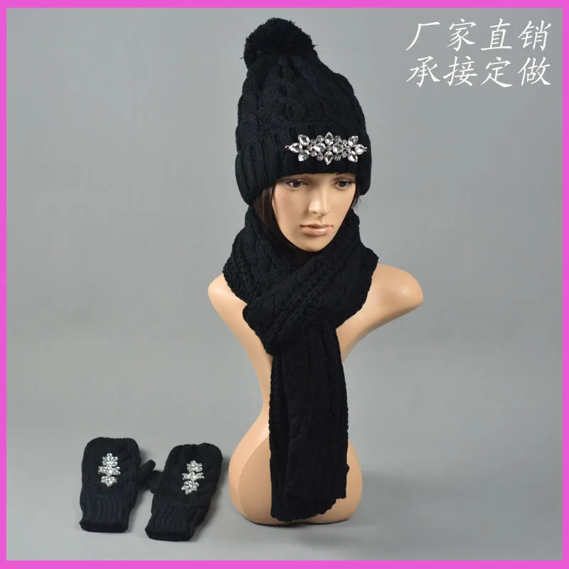 Роскошные толстые вязаные перчатки со стразами, шапка и шарф для женщин, зимний теплый комплект, женские перчатки, женские шарфы, вязаные