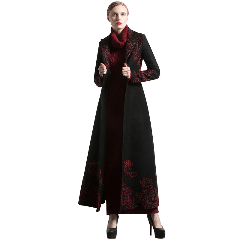 

New Fashion S-XXXL Autumn Winter Embroidery Black Long Coat Florals Plus Size Luxury Trench Women Muslim Outwear 6254