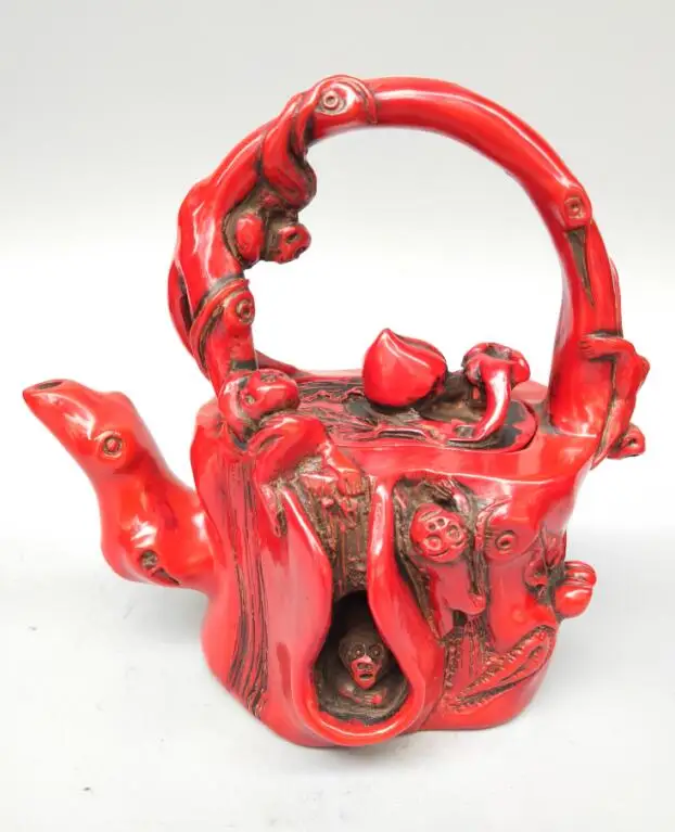 Chinese imitation red resin monkey pick peach teapot crafts statue | Дом и сад