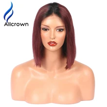 Alicrown T1B/Burgundy Ombre Human Hair Bob Wigs Brazilian Remy Hair Lace Front Wigs Short Wigs For Black Women Bleached knots
