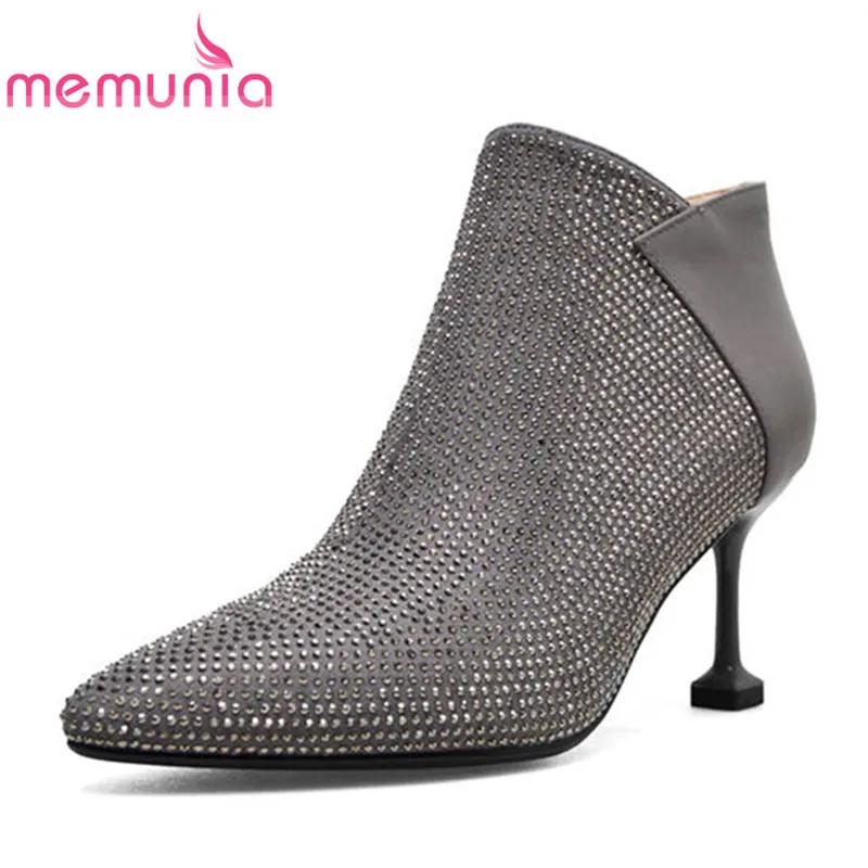 

MEMUNIA 2018 top quality genuine leather boots pointed toe autumn fashion ankle boots sexy stiletto heels female shoes black