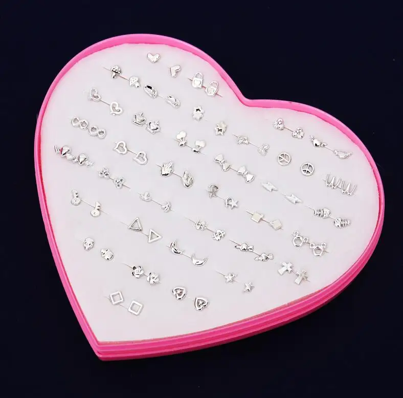 

2019 Fashion 32 Pairs/Lot Plastic Anti allergy earring Star Moon Heart Crystals Stud Earrings heart Cross snow Circle Earrings