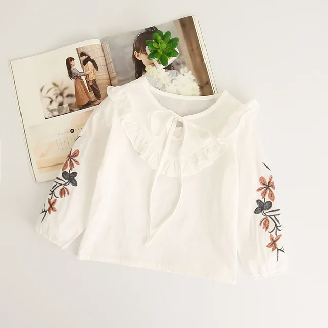 Korean Girls Ruffles Blouses Autumn Kids Floral Tops Embroidery Floral