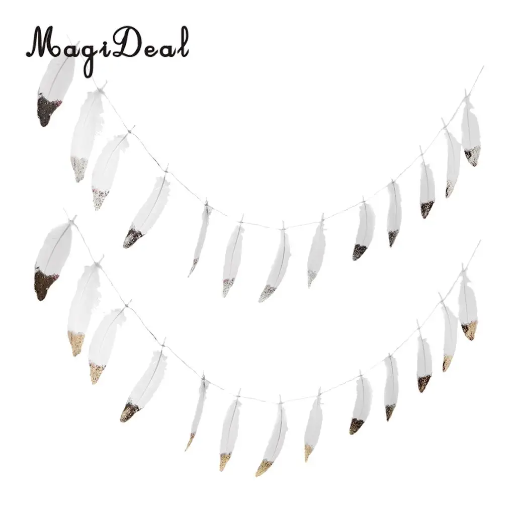 MagiDeal 2pcs Novelty Boho Gold Silver Dipped White Feather Bunting Banner Tassel Garland Nursery Romm Wall Decor