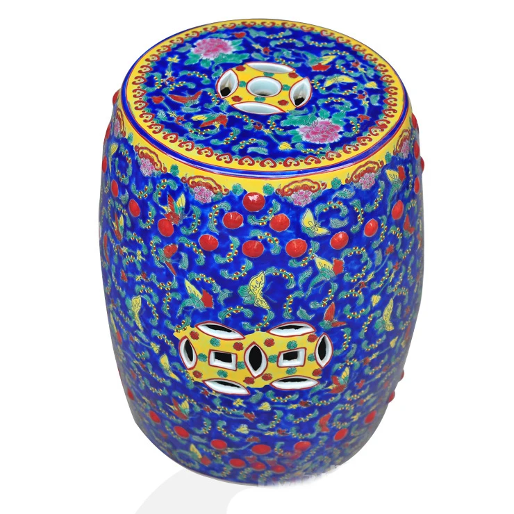 Blue Famille Rose Porcelain Ceramic Garden Stool End Table