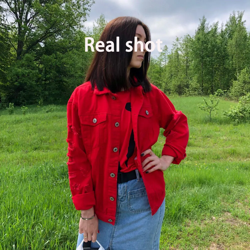 

2019New Plus Size 4xl 5xl Ripped Black Denim Jacket Women Streetwear BF Pink Red White Lover's Jeans Coat Casual Loose Outwears