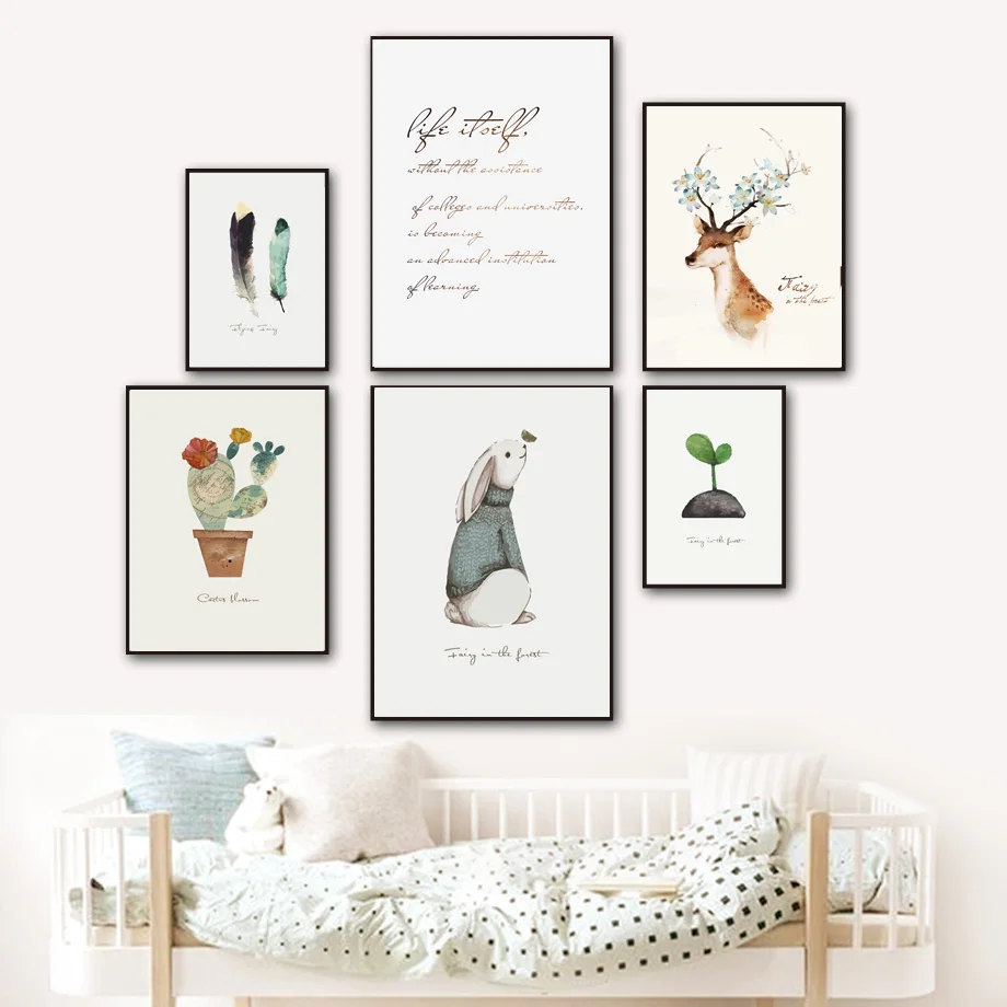 

Watercolor Rabbit Deer Cactus Feather Quotes Wall Art Canvas Painting Nordic Posters And Prints Wall Pictures Baby Kids Room