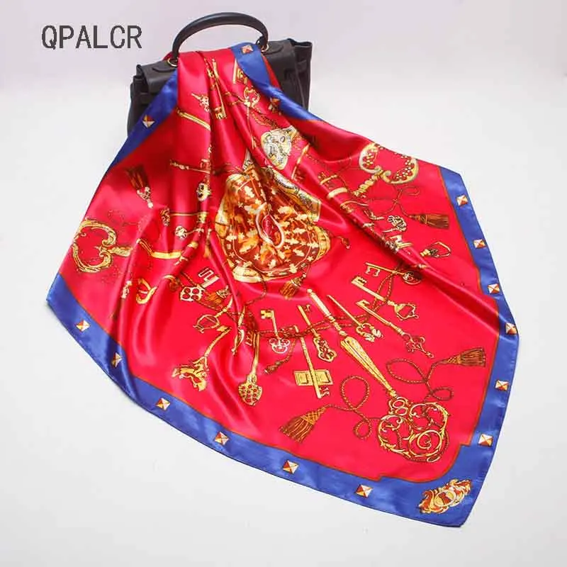 

QPALCR Classic Simulation Silk Scarf Female 90cm Satin Square Scarf Muslim Headscarf Bandana Luxury Brand Ladies Silk Shawl