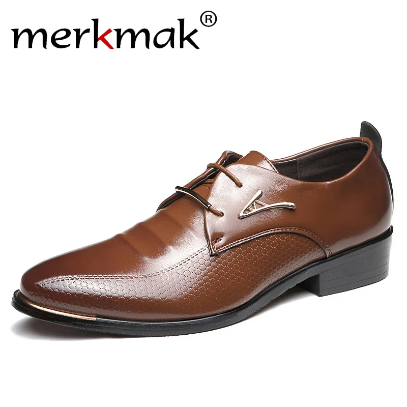 baratas Merkmak Homens Se Vestem Sapatos Da Moda Pontas Do Dedo Do Pé Rendas Até Oxfords Flats de Couro dos homens de Negócios Sapatos Casuais Marrom Preto Grande tamanho 37 48