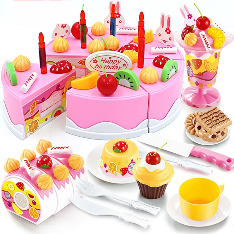 

ln stock 75Pcs Pretend Play Fruit Cutting Birthday Cake Kitchen Food Toys Pink Children's Simulation Toy Girls Gift for Kids