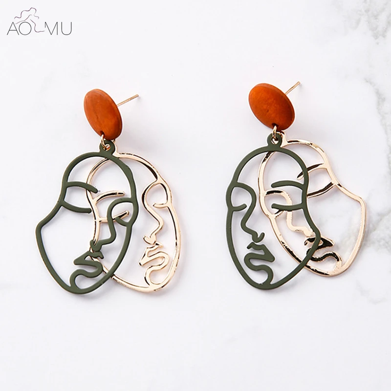 

AOMU Design Vintage Wooden Gold Metal Body Statement Double Layer Dangle Earrings For Women Face Profile Earrings Girls Bijoux