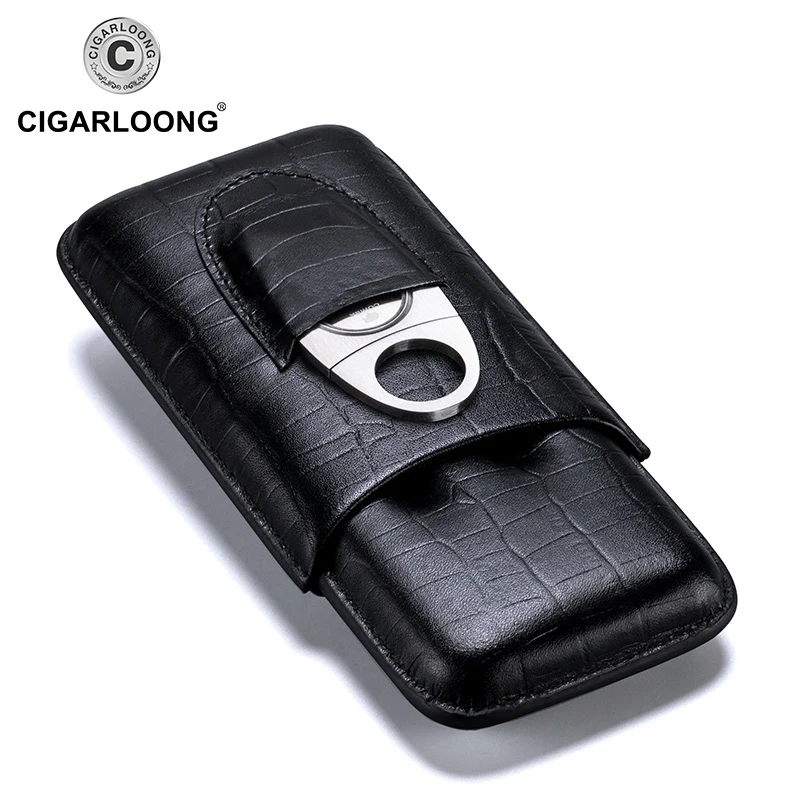

Leather Travel Cigar Case 3 count Portable Humidor with Stainless Steel Cutter W/Gift Box TH-1002
