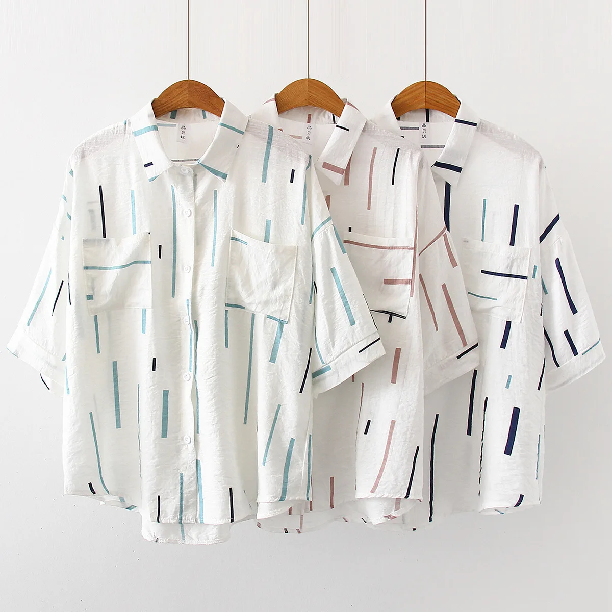 

Women Summer Loose Blouse Shirts New Fashon Short Sleeve Striped Pockets Cotton Linen Casual Tops Shirts
