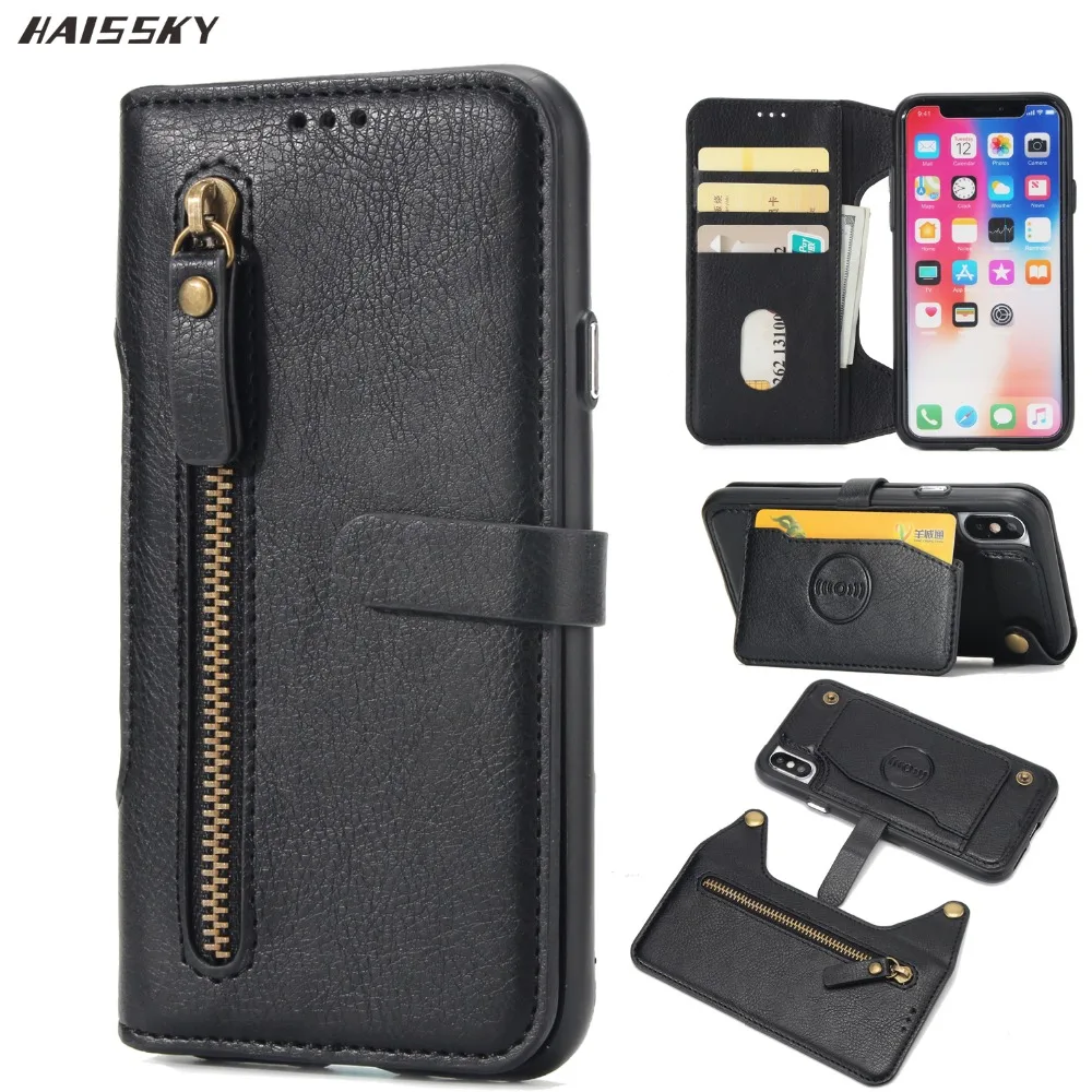 

HAISSKY Leather Wallet Card Case For iPhone X XS 7 8 Plus Zipper Flip Cover Luxury Magnetic Car Phone Case For iPhone 6 6s Plus