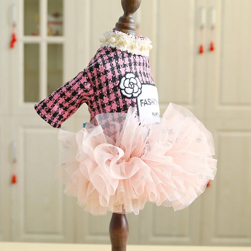 Princess Small Dog Dresses Coat Autumn Houndstooth Cat Skirt Clothes Tulle Dresses Puppy Chihuahua XS S M L XL