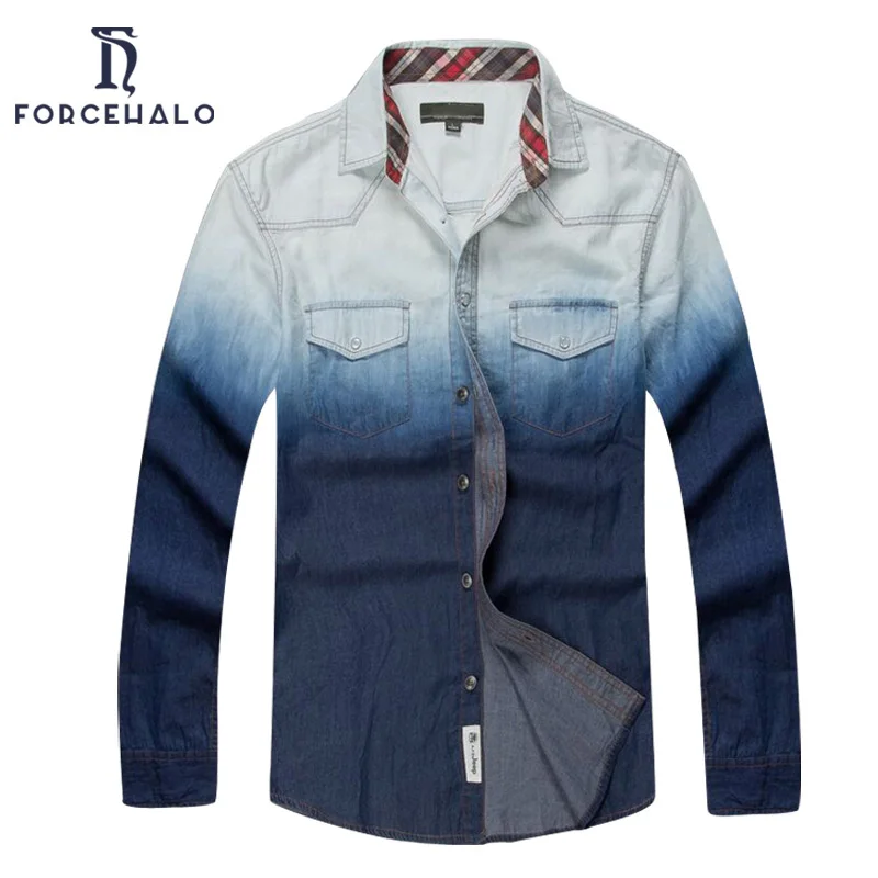 2016 New Spring Men Denim Shirt Brand Casual Gradient Color Pure Cotton Long Sleeve Mens Shirts Novelty Slim Fit Top Quality | Мужская
