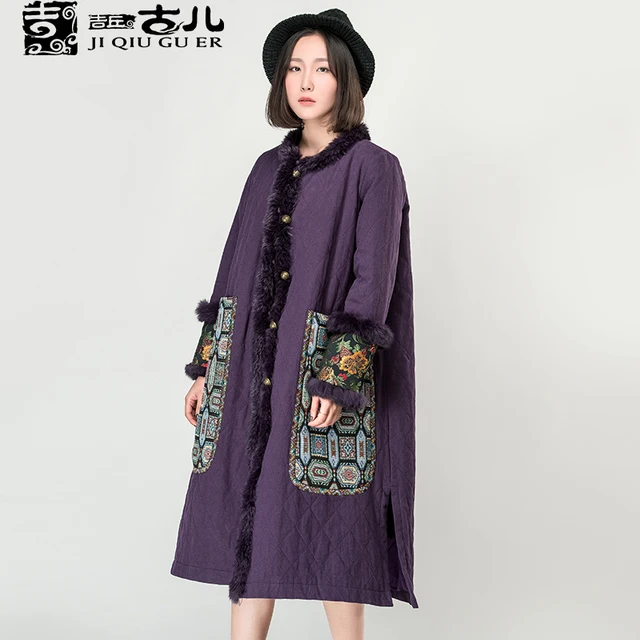 Cheap Jiqiuguer Women jacket with Fur Medium-long Thicken Cotton-padded Jacket Solid Spliced Winter Wadded Jackets G154Y034