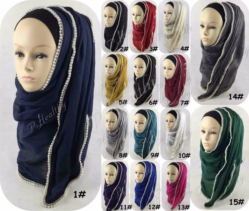 12 шт./лот) жемчужное колье по краям Хлопок мусульманский шарф хиджаб платок большого размера шарф можно выбрать цвета QK025a