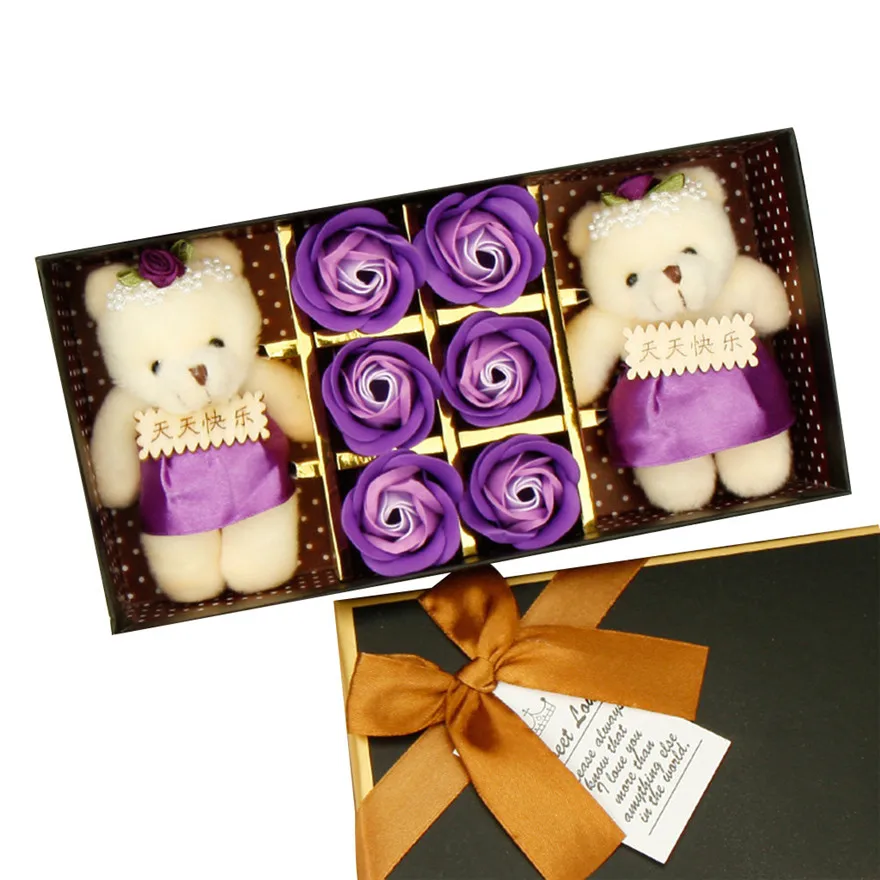 6 шт., романтическое мыло с ароматом розы, Подарочная коробка с 2 шт., плюшевые игрушки в виде животных, медведь, кукла, подарок на день Святого Валентина#1229 A2 - Цвет: D