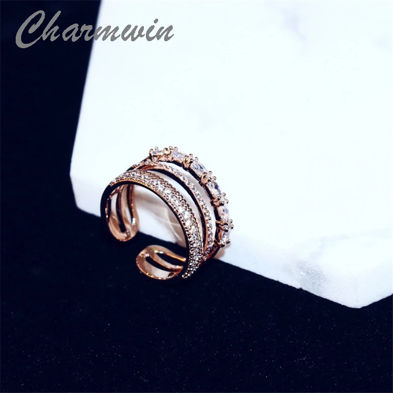 

Charmwin New Fashion Adjustable Ring For Women Rose Gold Color Cubic Zirconia Opening Rings Jewelry KR0105
