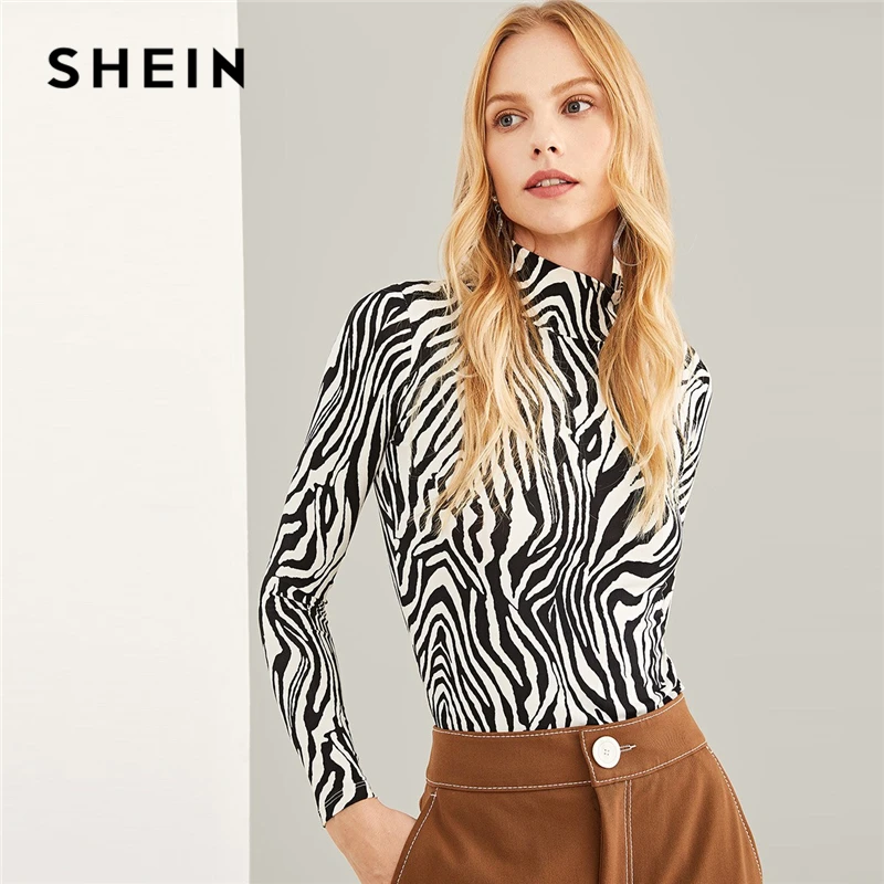 SHEIN Водолазка С Высоким Воротом С Принтом Зебры Женские Демисезонные Элегантные Джемперы С Длинными Рукавами